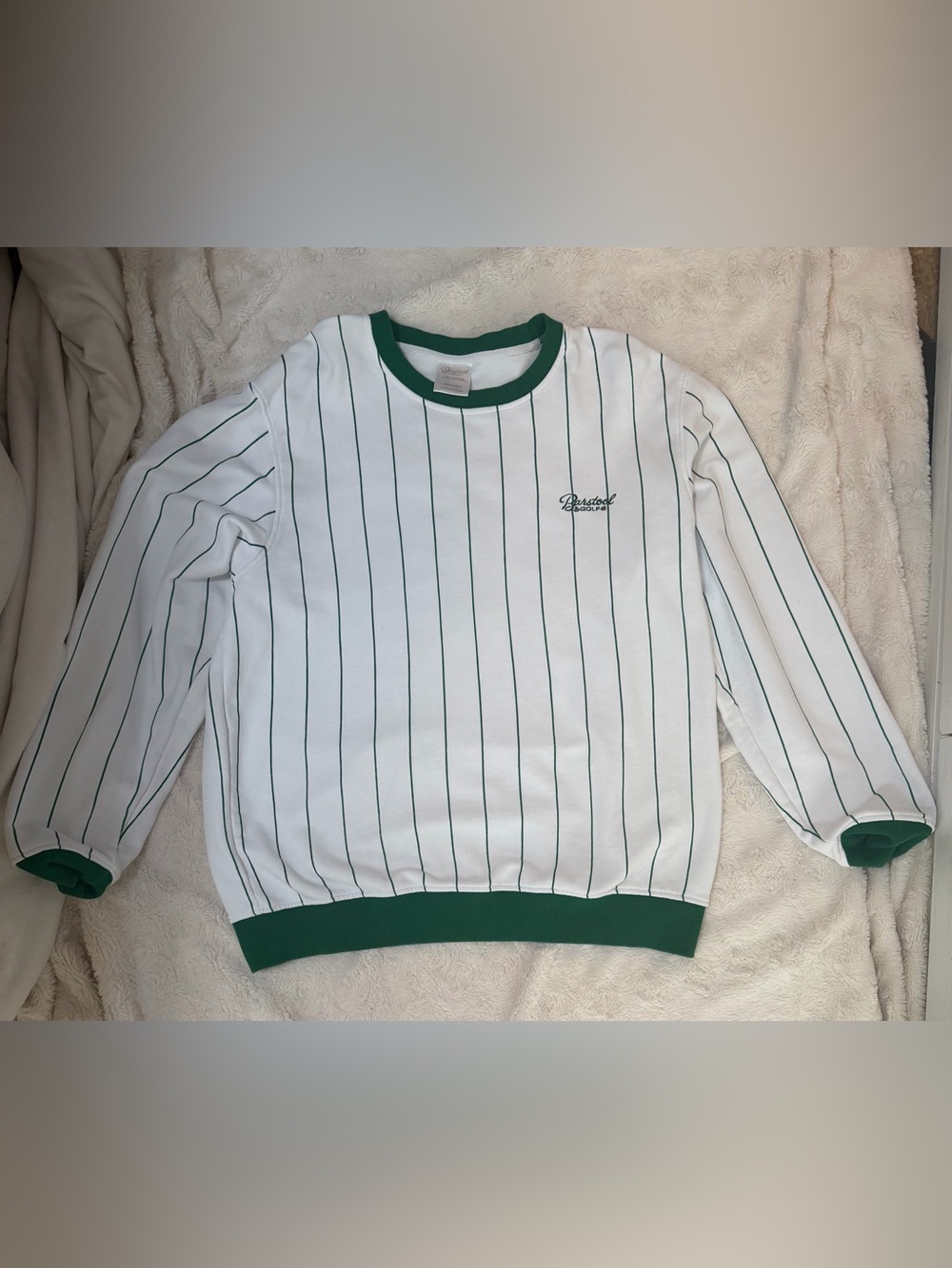Barstool Golf White & Green Striped Crewneck Sweater